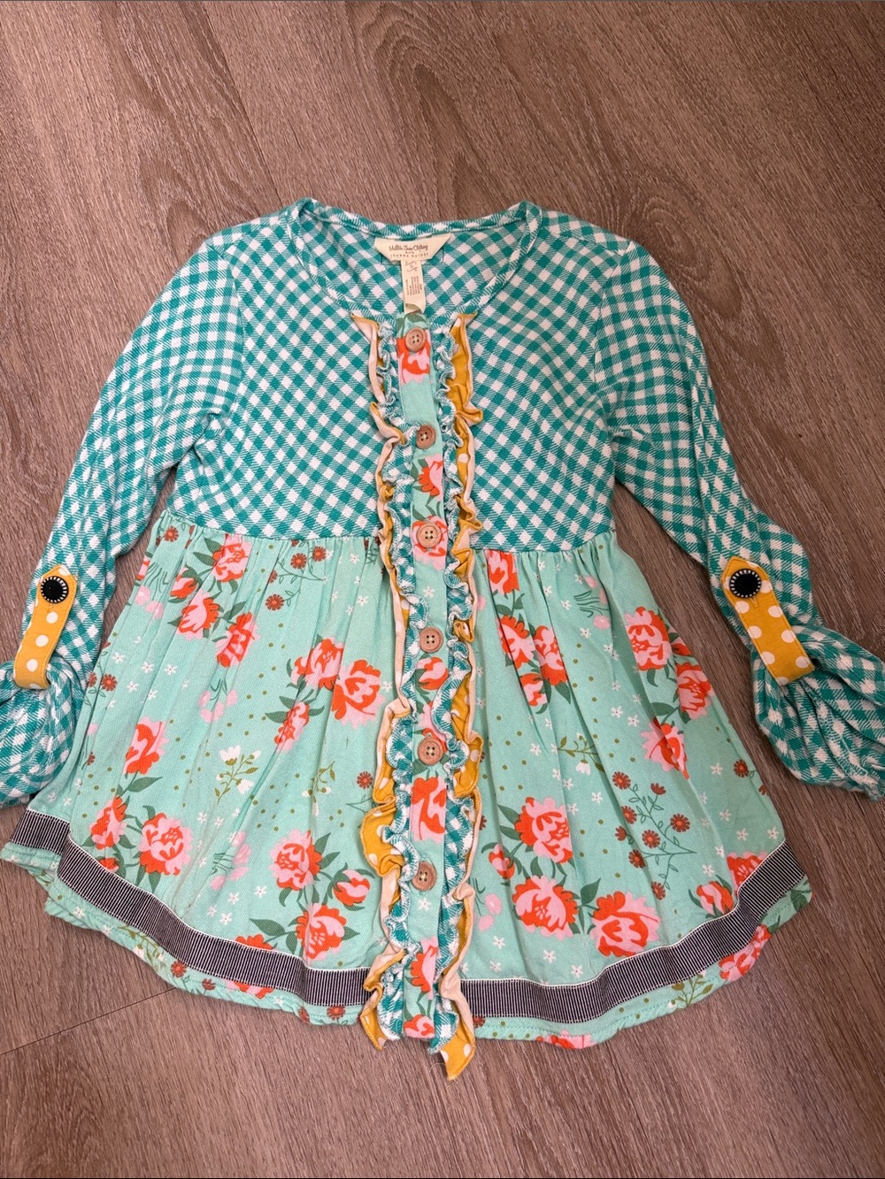 Matilda Jane Teal Gingham & Floral Ruffle Button Top with Yellow Trim